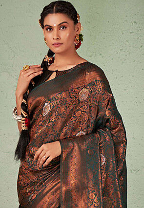 Woven Art Silk Saree in Green and Brown