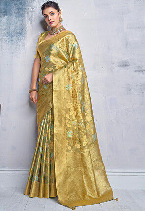 Woven Art Silk Saree in Green and Golden