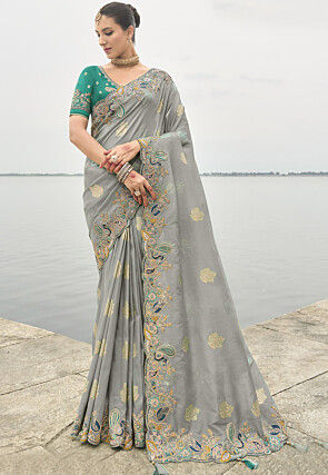 Woven Art Silk Jacquard Saree in Grey