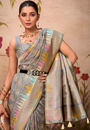 Woven Art Silk Saree in Grey