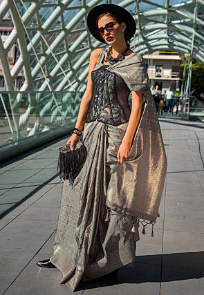 Woven Art Silk Saree in Grey