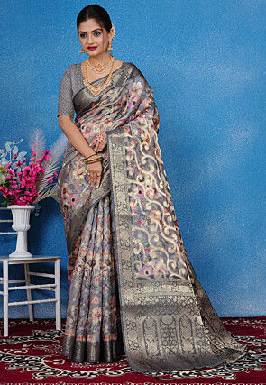 Woven Art Silk Saree in Grey