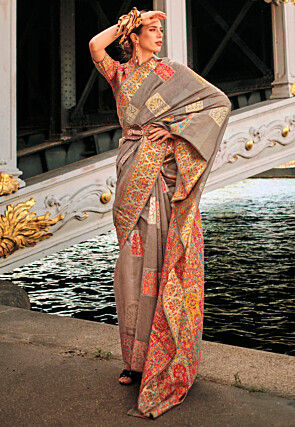 Woven Art Silk Saree in Grey