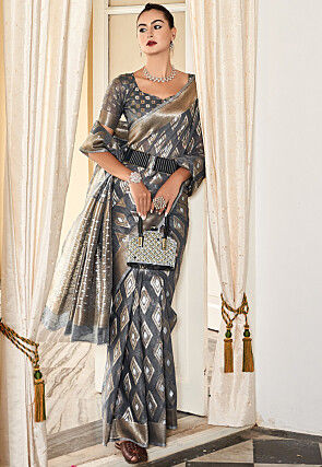 Woven Art Silk Saree in Grey