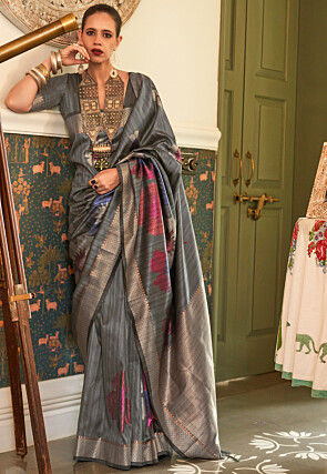Woven Art Silk Saree in Grey