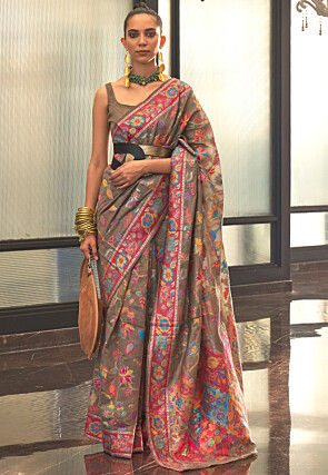 Woven Art Silk Saree in Grey