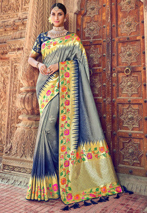 Woven Art Silk Saree in Grey
