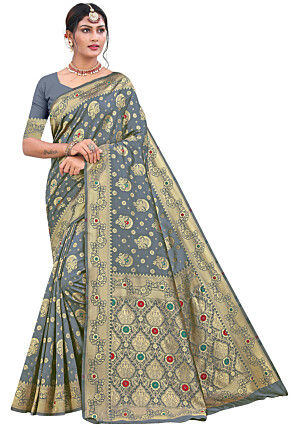 Woven Art Silk Saree in Grey