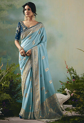 Woven Art Silk Scalloped Saree in Light Blue