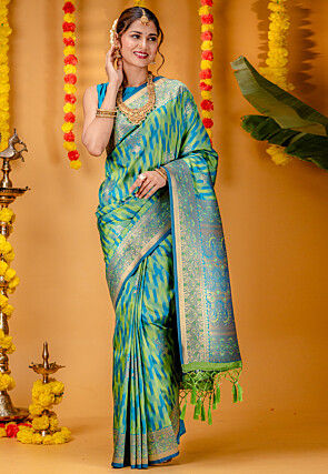 Woven Art Silk Saree in Light Green and Blue