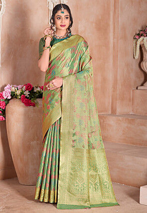 Woven Art Silk Saree in Light Green and Golden