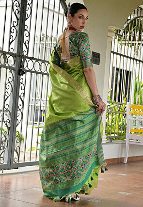 Patola Printed Art Silk Saree in Light Green