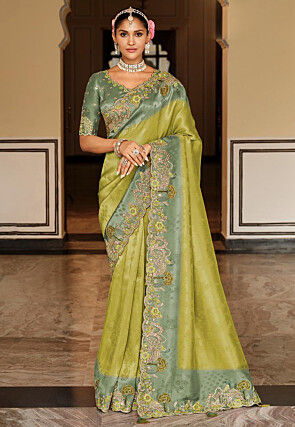 Woven Art Silk Scalloped Saree in Light Green