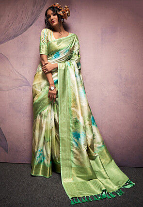 Digital Printed Art Silk Saree in Light Green