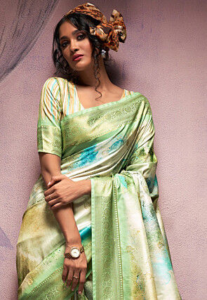 Digital Printed Art Silk Saree in Light Green
