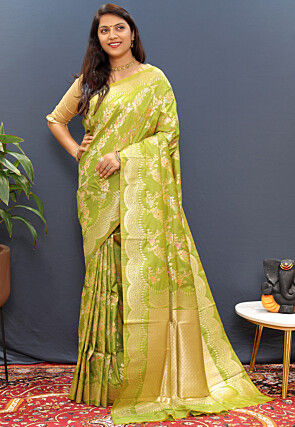 Woven Art Silk Saree in Light Olive Green