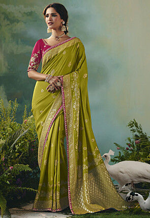 Woven Art Silk Saree in Light Olive Green