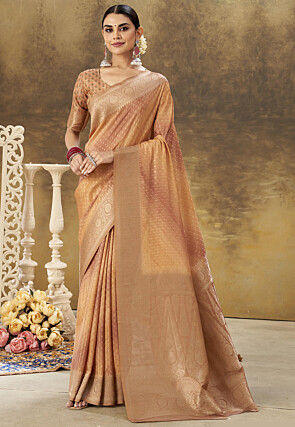Woven Art Silk Saree in Light Yellow and Brown