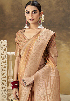 Woven Art Silk Saree in Light Yellow and Brown