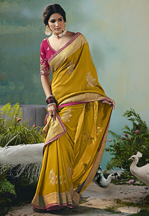 Woven Art Silk Scalloped Saree in Mustard