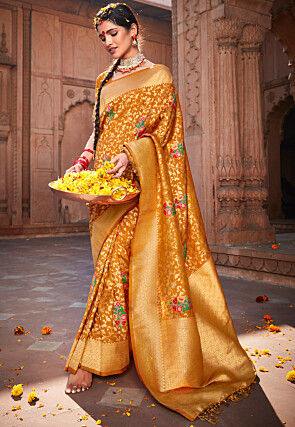 Cotton Linen Golden Weaving Jari Patti saree and blouse for women designer saree orange saree saree dress wedding saree indian saree