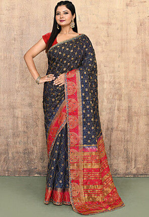 Woven Art Silk Saree in Navy Blue