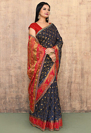 Woven Art Silk Saree in Navy Blue