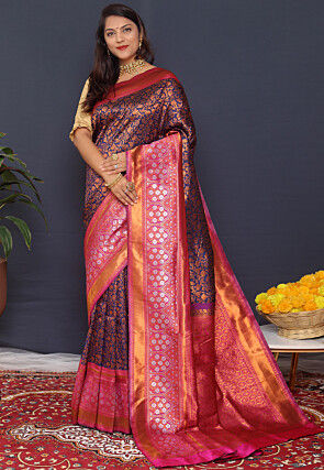 Woven Art Silk Saree in Navy Blue