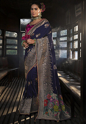 Woven Art Silk Saree in Navy Blue