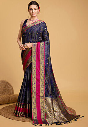 Woven Art Silk Saree in Navy Blue