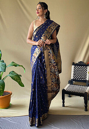 Woven Art Silk Saree in Navy Blue