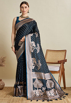 Woven Art Silk Saree in Navy Blue