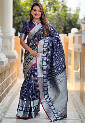 Woven Art Silk Saree in Navy Blue