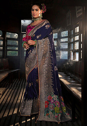 Woven Art Silk Saree in Navy Blue