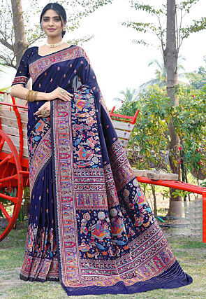 Woven Art Silk Saree in Navy Blue