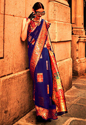 Woven Art Silk Saree in Navy Blue