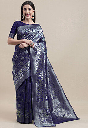 Woven Art Silk Saree in Navy Blue