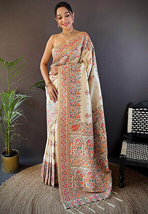 Woven Art Silk Saree in Off White
