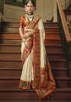Woven Art Silk Saree in Off White
