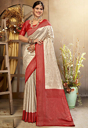 Woven Art Silk Saree in Off White