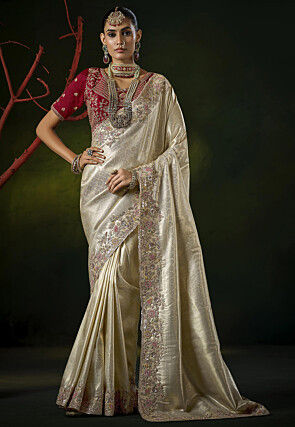 Woven Art Silk Jacquard Saree in Off White