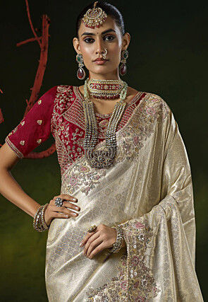 Woven Art Silk Jacquard Saree in Off White