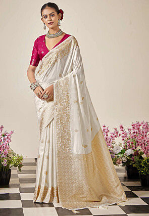 Woven Art Silk Saree in Off White