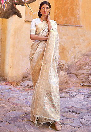 Woven Art Silk Saree in Off White