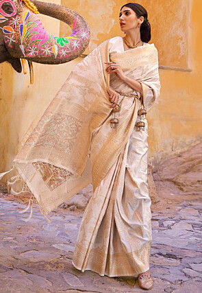 Woven Art Silk Saree in Off White