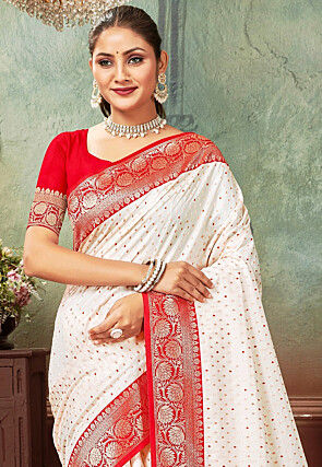 Woven Art Silk Saree in Off White
