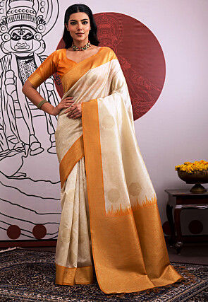 Woven Art Silk Saree in Off White