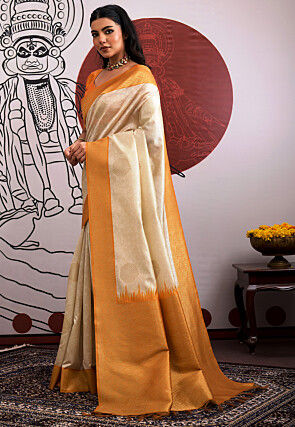 Woven Art Silk Saree in Off White