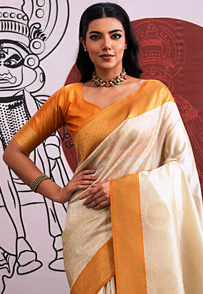 Woven Art Silk Saree in Off White