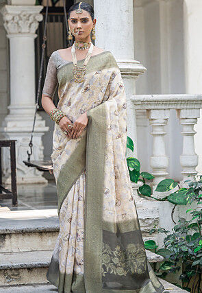 Woven Art Silk Saree in Off White